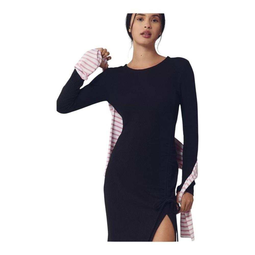 Daily Practice by Anthropologie Black Ribbed Long-Sleeve Midi Dress L – NWT - Picture 2 of 13